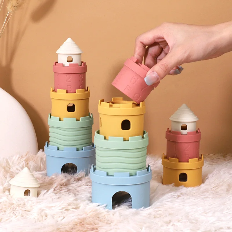 Eco-Friendly Silicone Pagoda Tower Infant Developmental Toy for 2-4 Years Unisex Fine Motor Skills Sensory Exploration