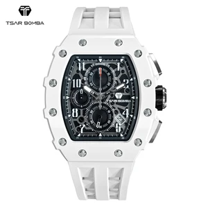 TSAR BOMBA TB-8204B Men's Luxury Quartz Wristwatch Fashionable 18mm Band Silicone Strap Waterproof Sport Watch Seiko Tonneau