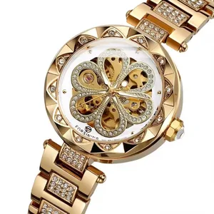 Whole Luxury Mechanical Watch Lady Elegant Stainless Steel Automatic OEM Skeleton Iced Out Mechanical Womens WristWatch