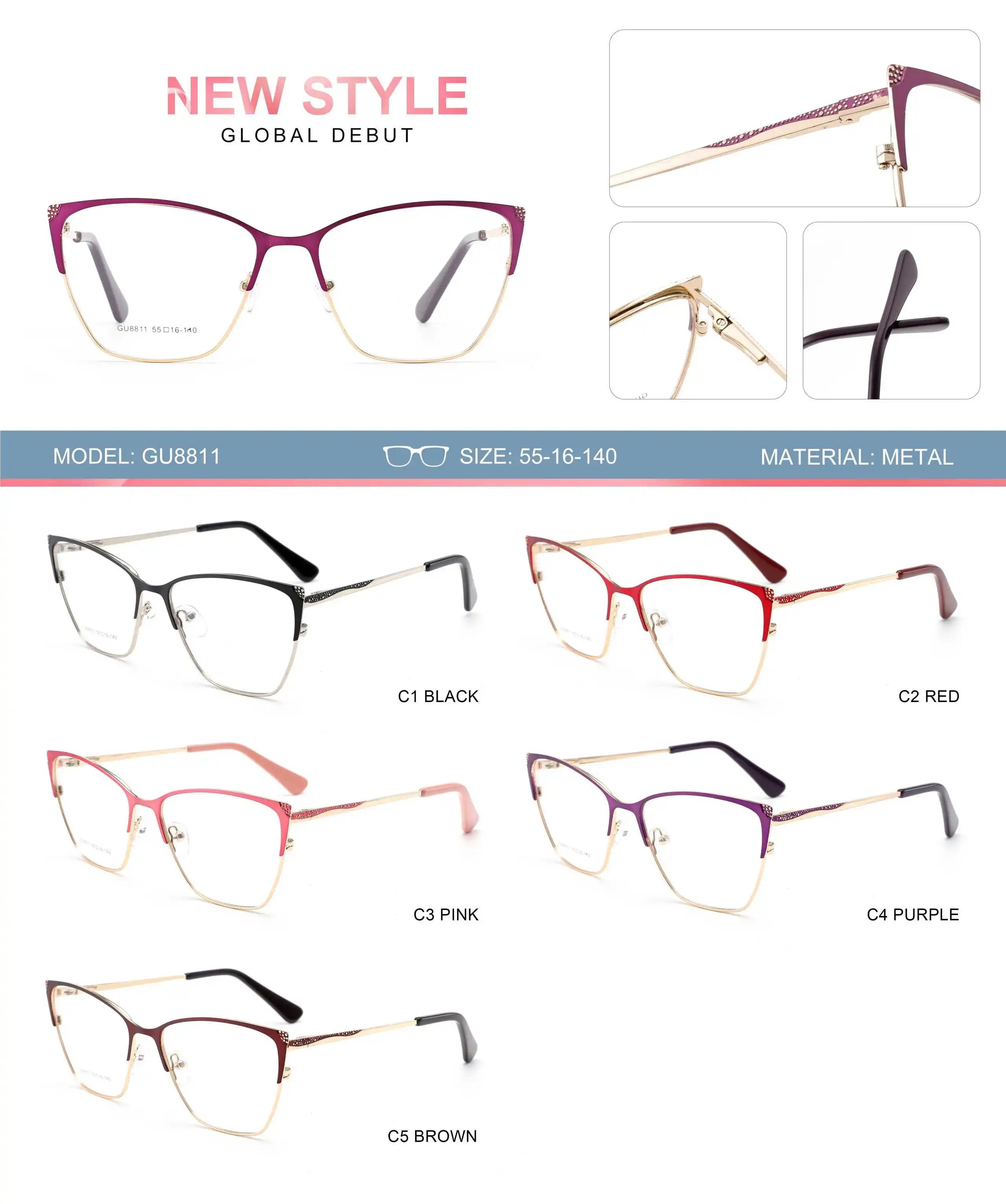 WHEF-GU8811 New Arrival Women Cat Eye Fashion Metal Eyeglasses Frames for All Face Eyewear Spectacles with Spring Tip Temple