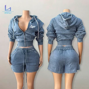 Huili French Terry Vintage Wash Soft Zip up Hooded Jacket Raw Hem Shorts Custom Two Piece Blank Hoodies and Shorts Set for Women
