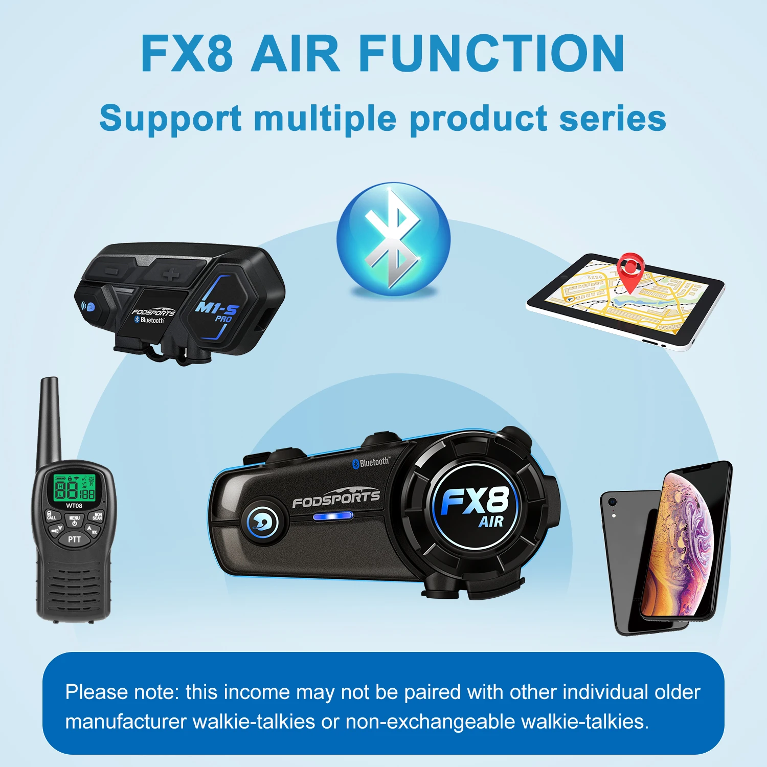 thumbnail image 2 of Fodsports FX8 Motorcycle Helmet Intercom – 2000M Range, Bluetooth 5.0, 8-Rider Group Talk 2 of 5