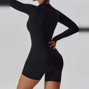 Black Yoga Jumpsuit Long Sleeve Shorts Breathable Sustainable 1-Piece Set Reversible Lightweight Drawstring Closure Solid Waist