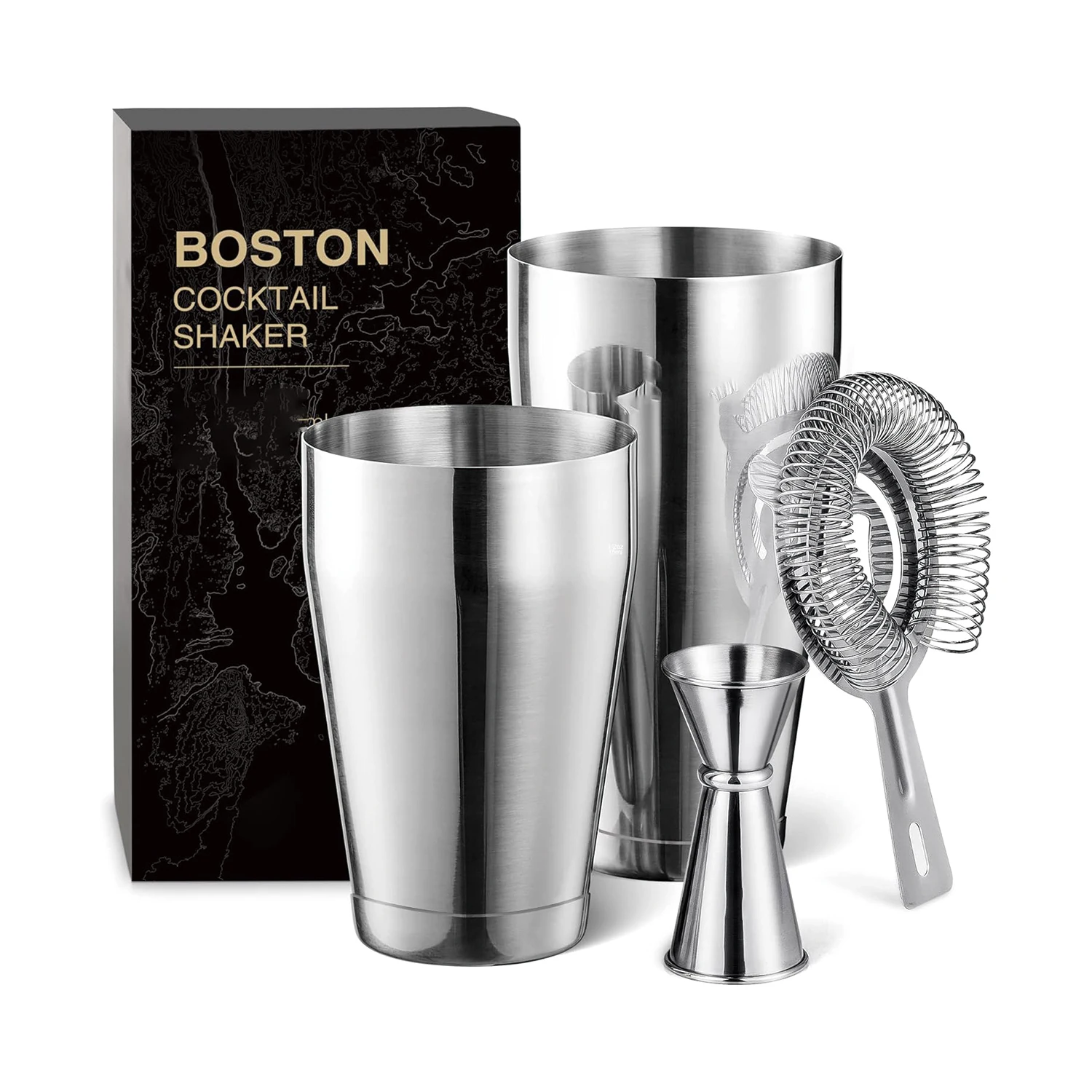 3-Piece Stainless Steel Boston Cocktail Shaker Set Tins Bartender Kit Mixed Drink Hawthorne Strainer Double Measuring Jigger with Custom Logo