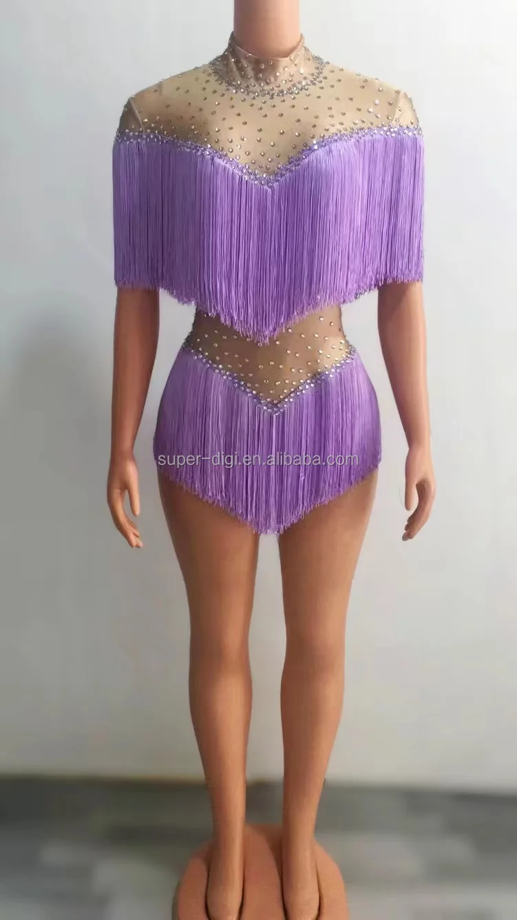 Tassels Short Romper Dance Wear See Through Backless Crystal Birthday