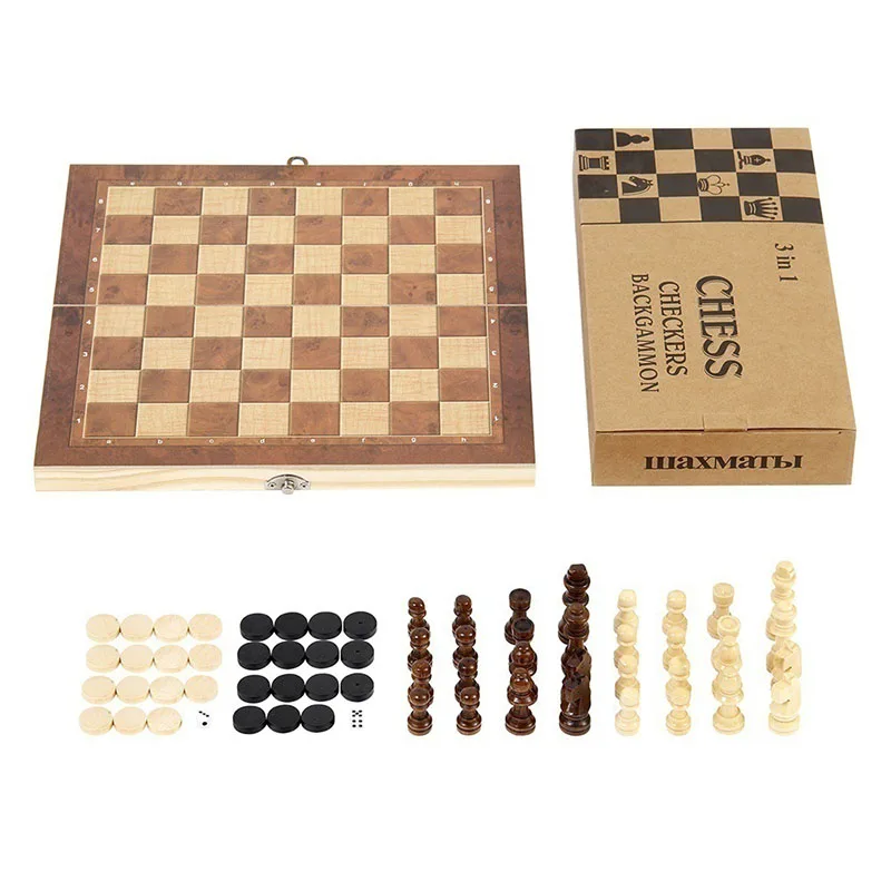 3in1 FOLDING WOODEN CHESS SET Board Game Checkers Backgammon Draughts Large UK 