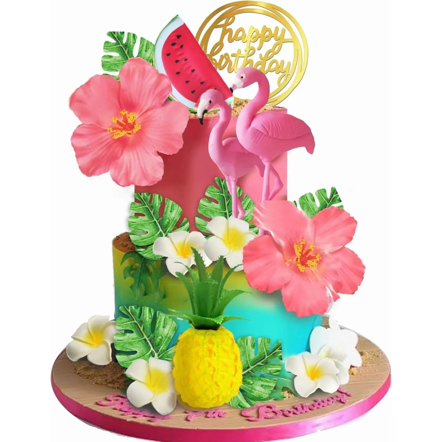 Hawaiian Flower Cake Decoration Hibiscus Flower Palm Leaf Happy Birthday Flamingo Cake Topper