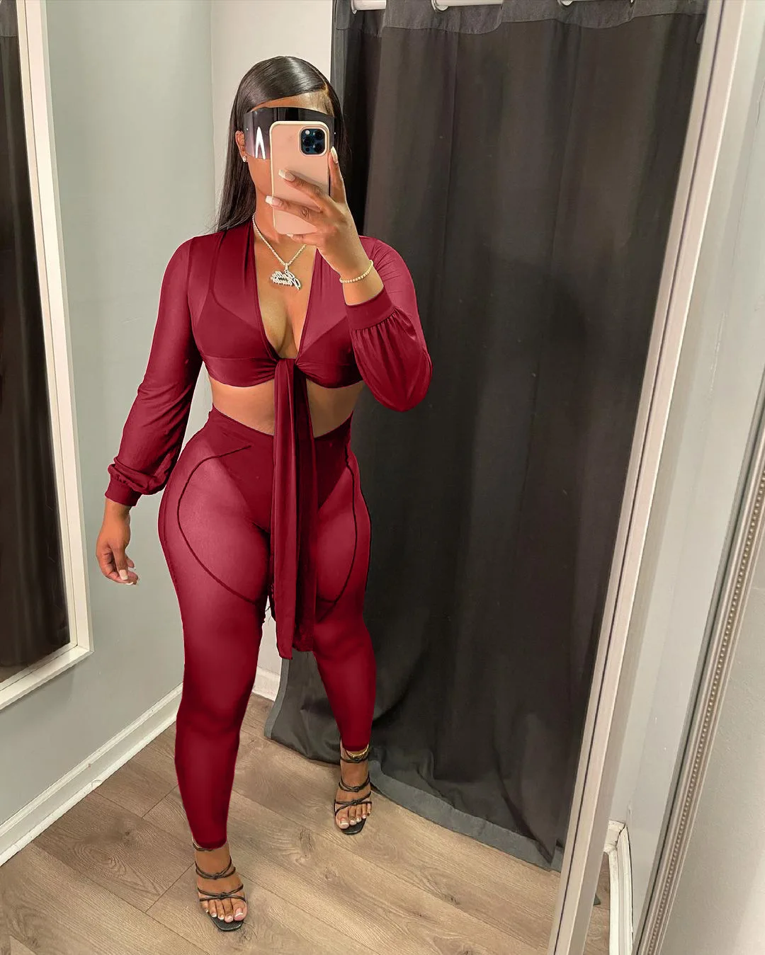 Liu Ming Women Summer Mesh See Through Long Sleeve Tops Pants