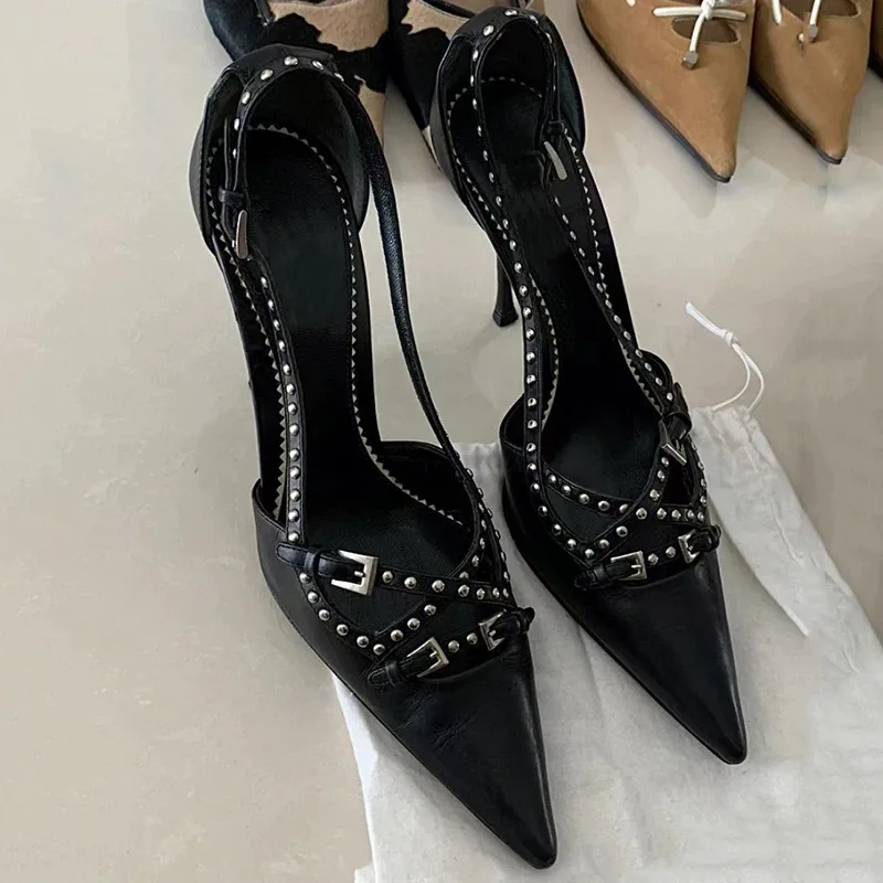 Ladies Pump Shoes Pointed Toe Stiletto Black Straps Rivet 10 Cm Heel Women
