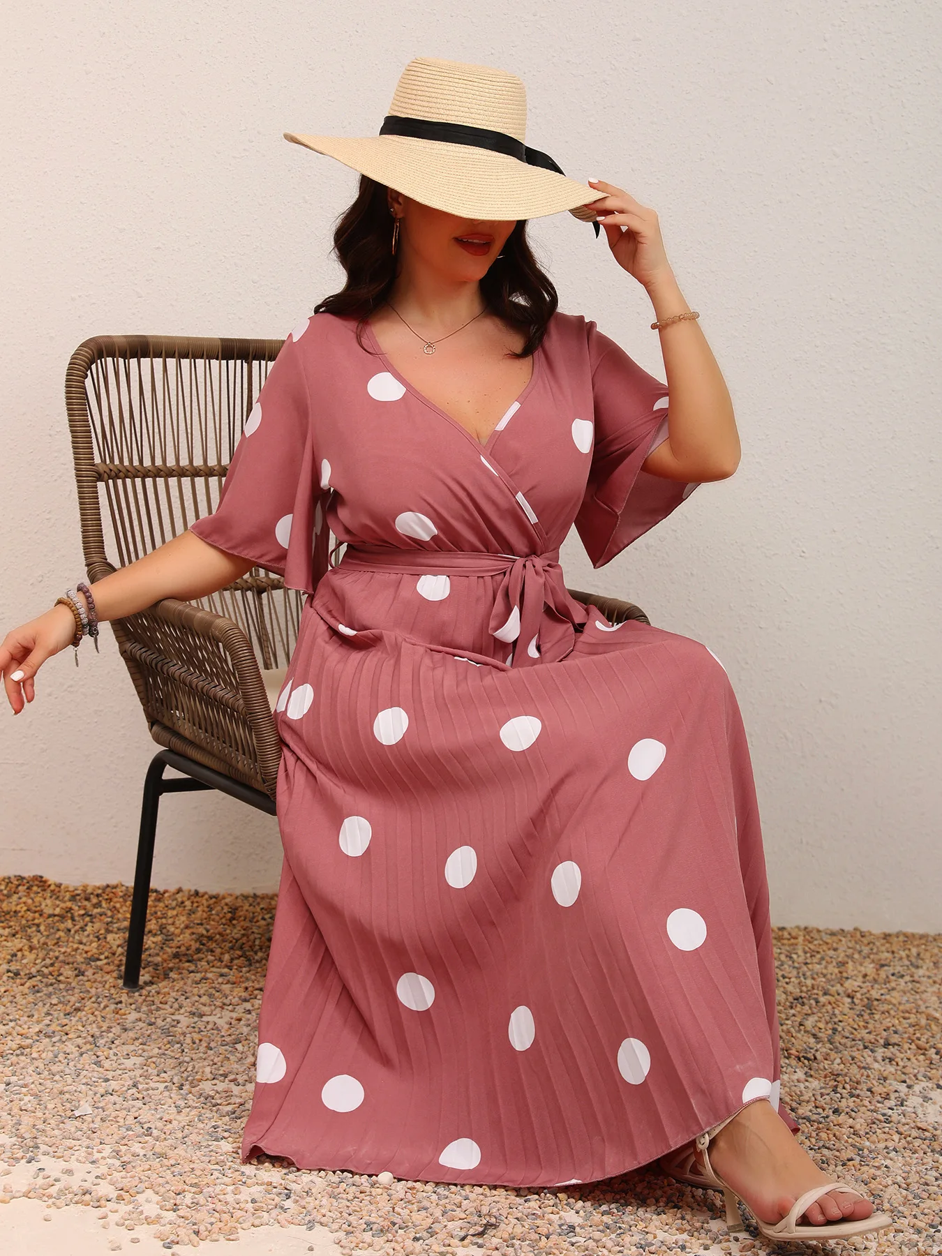 Wholesale Summer Eco-Friendly A-Line Flowy Maxi Dress Plus Size Women Short  V-Neck Tie Waist Polka Dot Print Empire Waist Casual| Alibaba.com