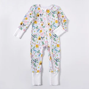 Wholesale Unisex One Pieces Playsuits Jumpsuit Double Anti-Slip Zipper Bodysuits Floral Print Bamboo Baby Clothes Baby Rompers