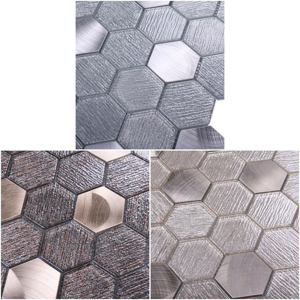 Foshan Factory Mosaico Irregular Honeycomb Brushed Aluminum Tiles Linear Glitter Grey Gold Glass Metal Waterjet Hexagon Mosaic