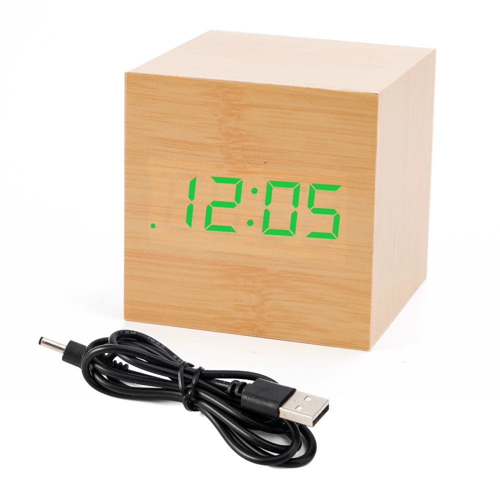 RTS Display Time Temperature LED Digital Desk Clock Adjustable Wooden Alarm Clock