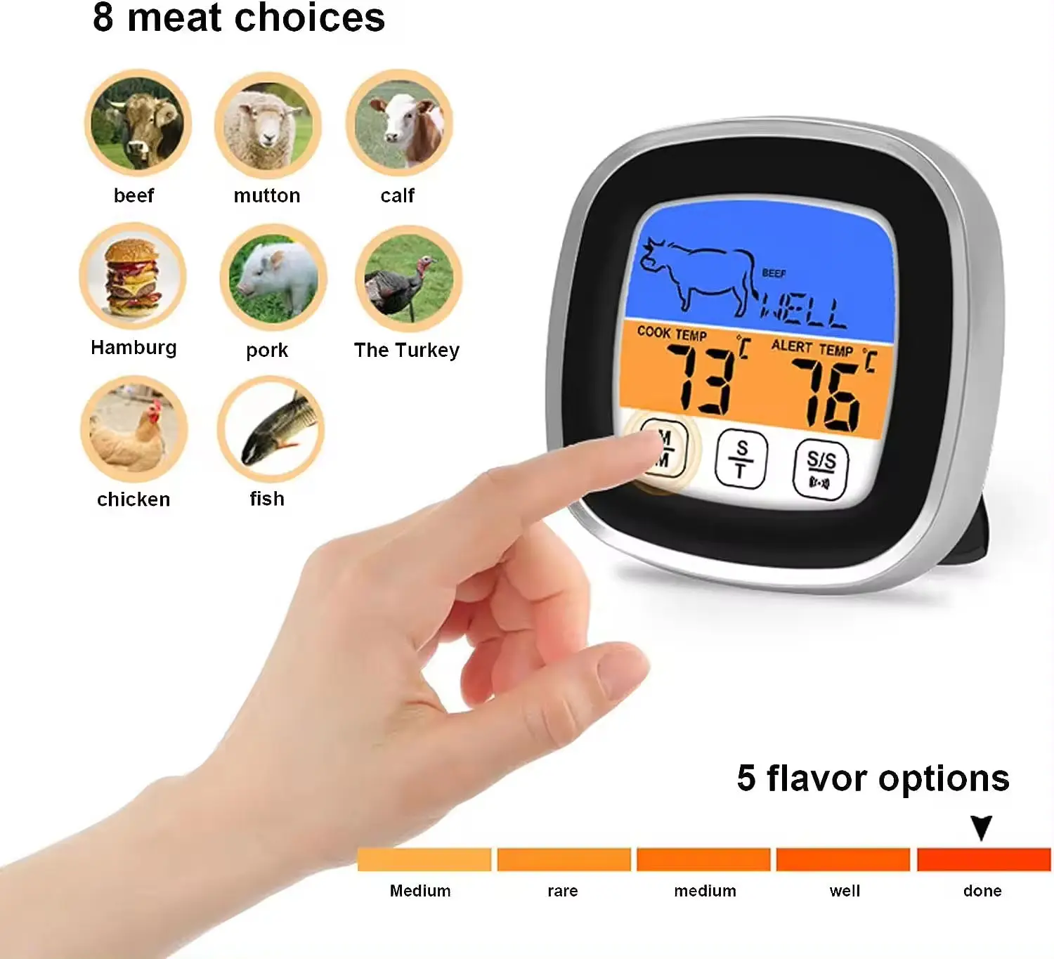 Food Cooking Probe BBQ Thermometer With Touch LED Display and Timer Kitchen Tool for Oven Meat Thermometer