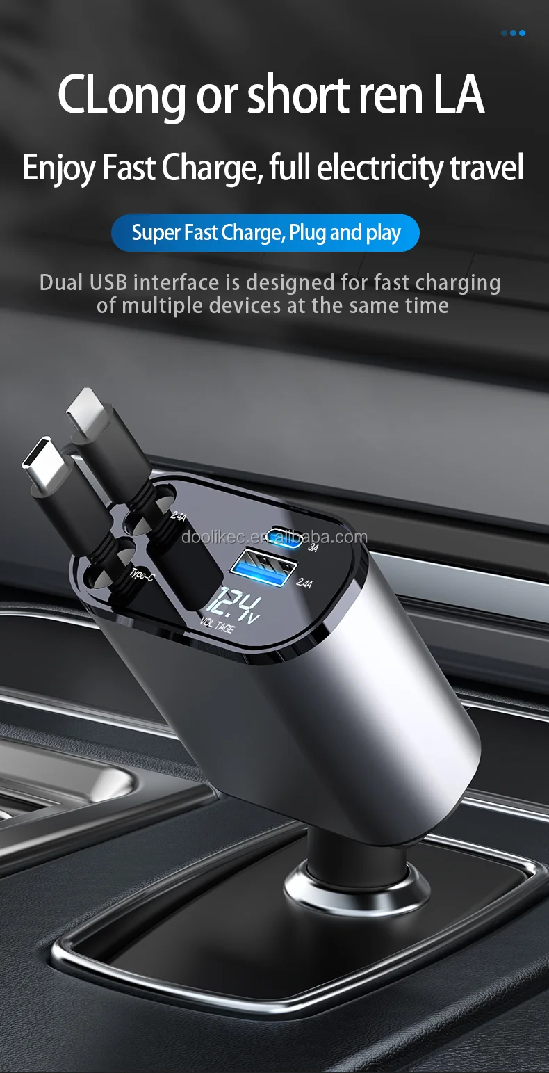 4in1 Multi-use 100W Fast Charging Car Charger Retractable Cable Car Charger for iPhone for Android Mobile Phones