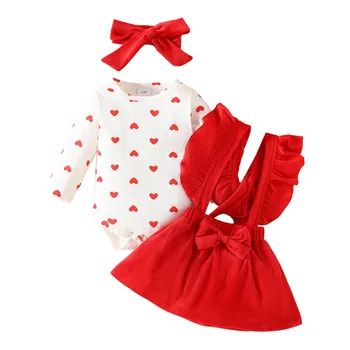 Europe and the United States baby love dress set 0-1 year old girl long sleeve love dress corduroy ruffled back strap skirt