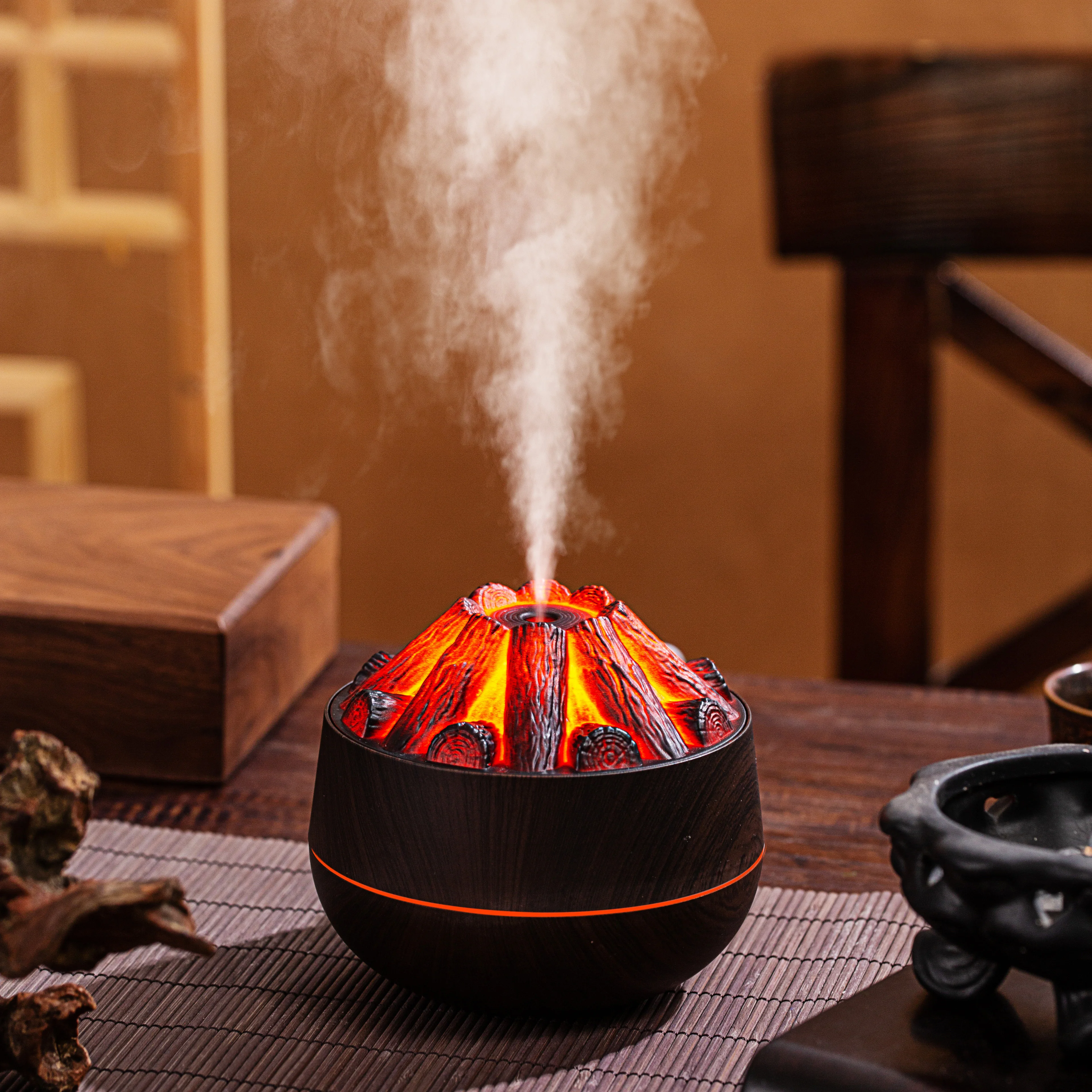 Volcano Mist Diffuser with Charcoal Fire LED Wood Grain 2-in-1 Ultrasonic Aroma Humidifier 300ml Cool Mist for Home Office Car