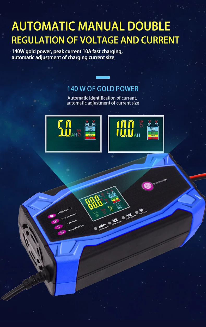 CHAOCHENBEN Hot Sell Blue Intelligent Pulse 12V/24V 10A Car Battery Charger Temperature Compensation Multi-Function Integrated factory