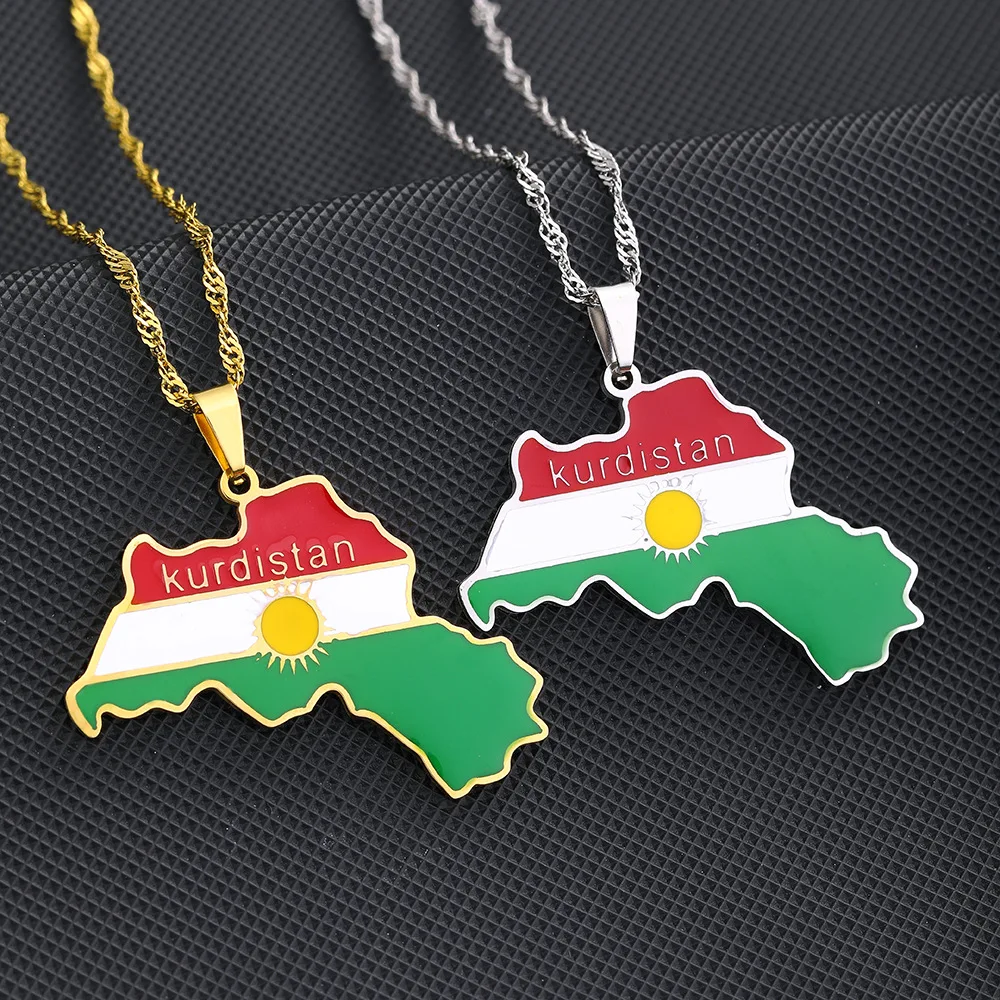 Koerdistan Kaart Vlag Hanger Ketting Sieraden Charme Drop Glazuur Kaart Geometrische Hiphop Paar Ketting Unisex Trui Ketting Voor Vrouwen Mannen Cadeau, Zilver, 45Cm (17,7 Inch