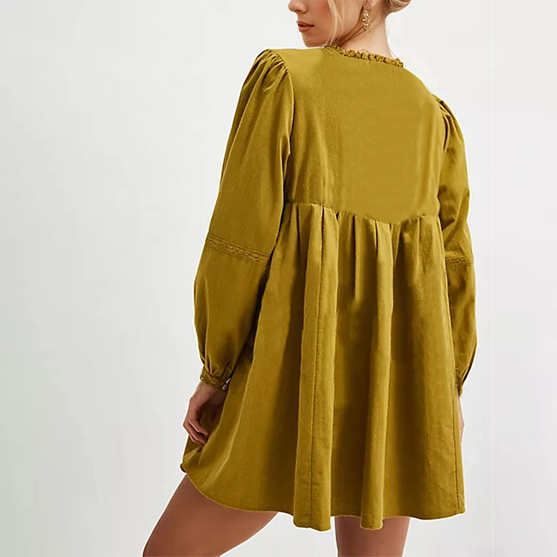 Custom Clothing Good Manufacturers Trendy Hot Embroidered Long Sleeve Women  A-line Mini Dress Cute Bow Tie Front Babydoll Dress
