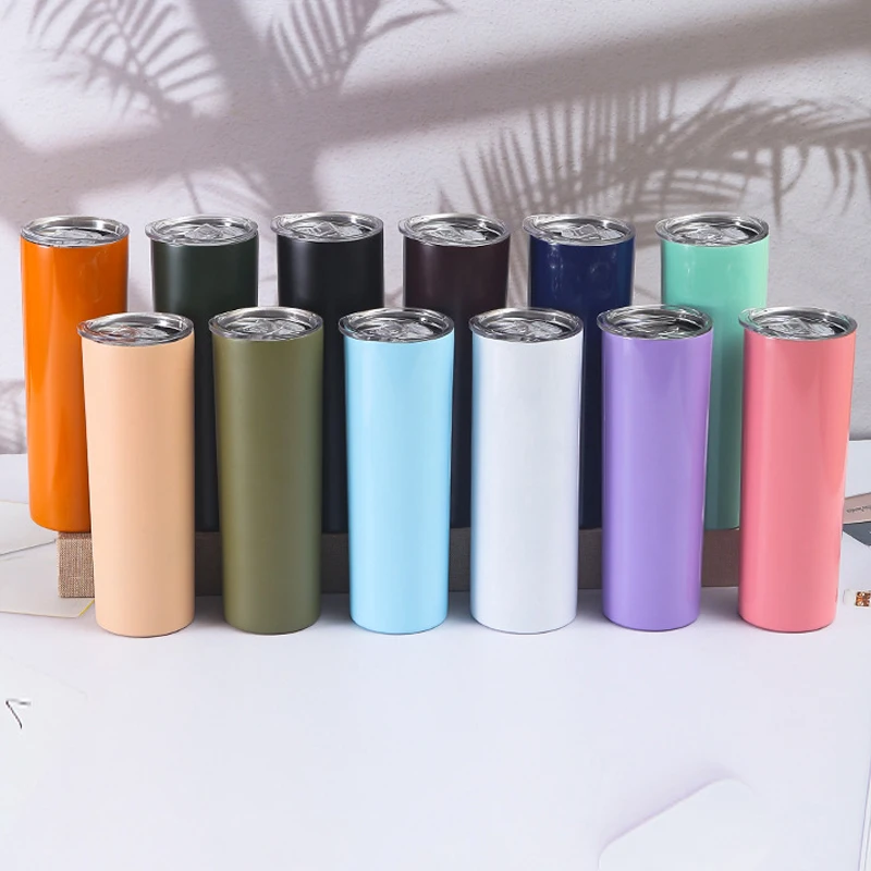 Wholesale custom logo straight tumbler slim glitter sublimation stainless steel 20oz skinny tumbler with straw and lid