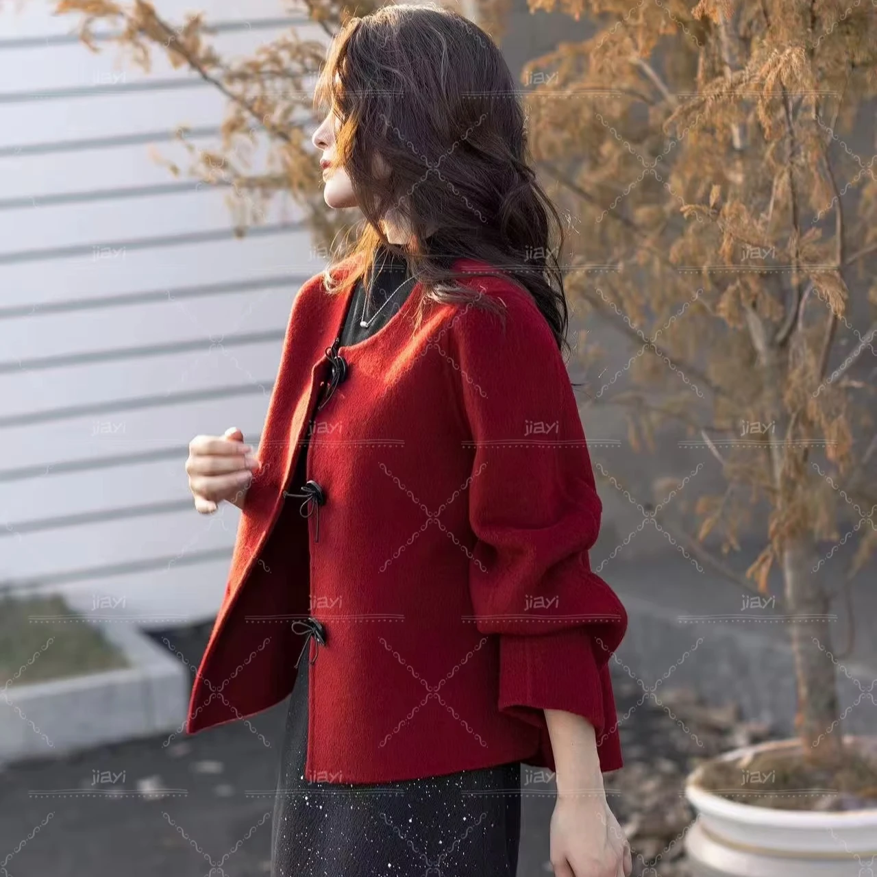 Elegant Long Sleeve Girls Red Jacket for Autumn and Winter Casual Solid Pattern Made of Women's Wool & Blends