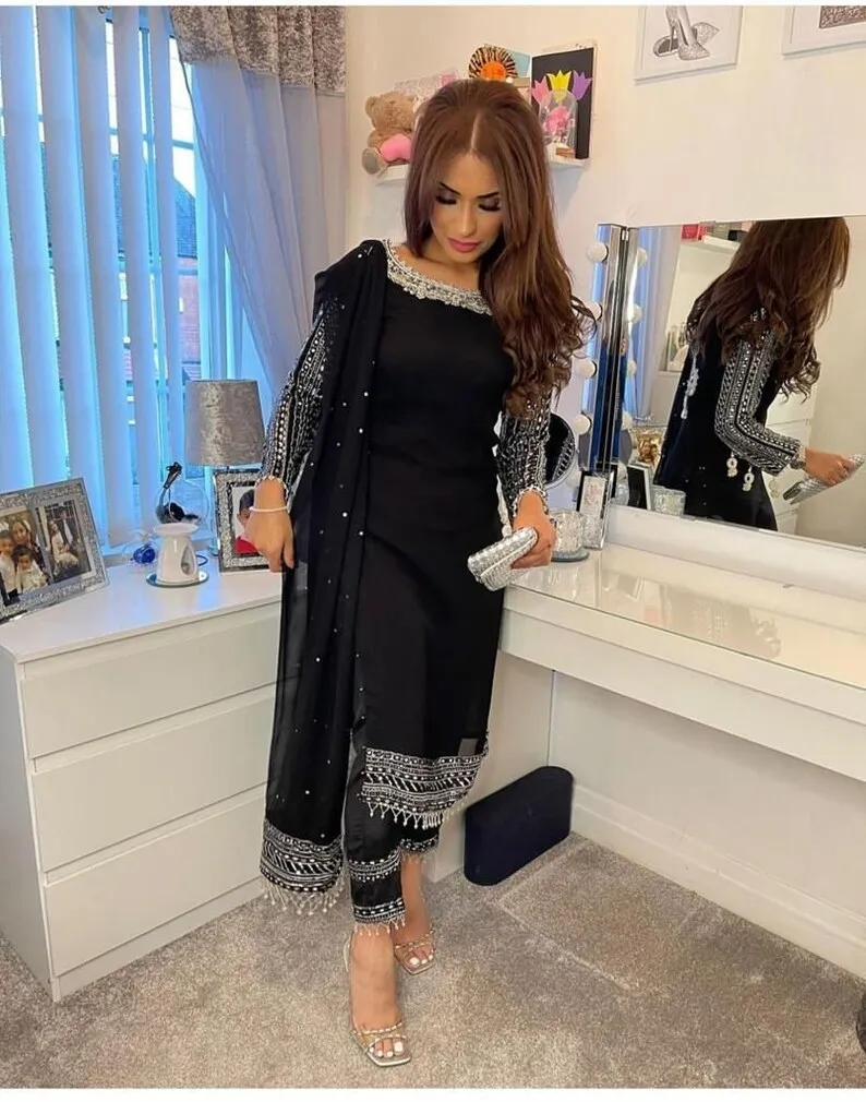 Latest Designer Collection Chine Sequence Black Ethnic Style Kurti With Pant and Dupatta Set Georgette Work Suit Fully Stitched