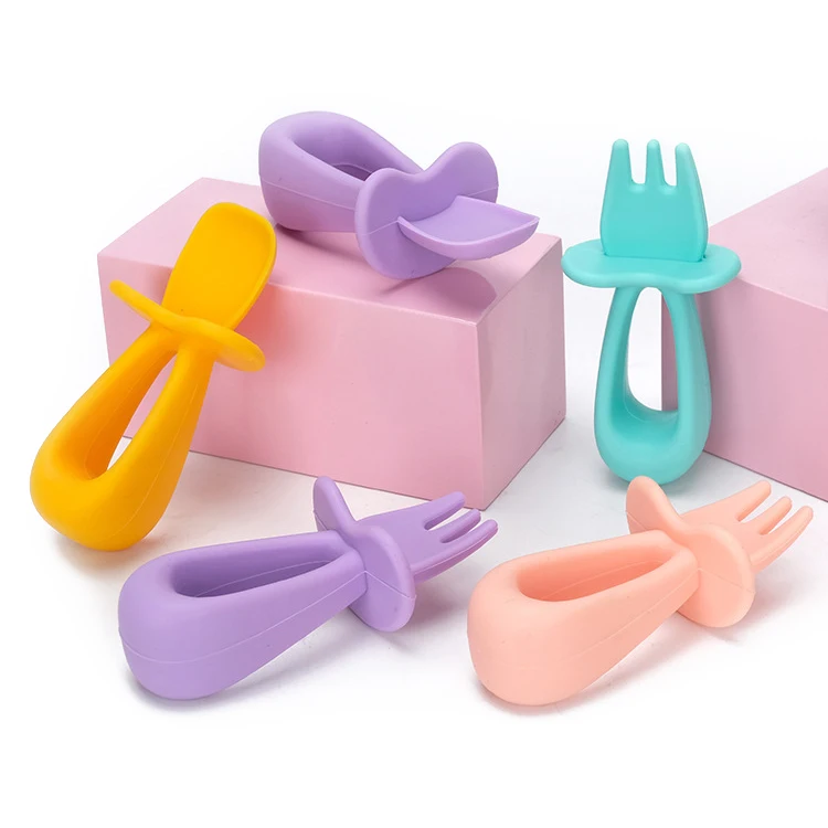 Baby Teething Spoon BPA Free Soft Led Weaning Feeding Silicone Training Spoon and Fork Set for Kids