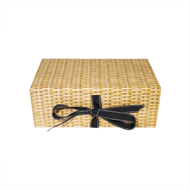 Custom Folding Gift Box with Woven Rattan Texture and Black Ribbon Bow Flat Pack Design for Gift Packaging Wholesale Supplier