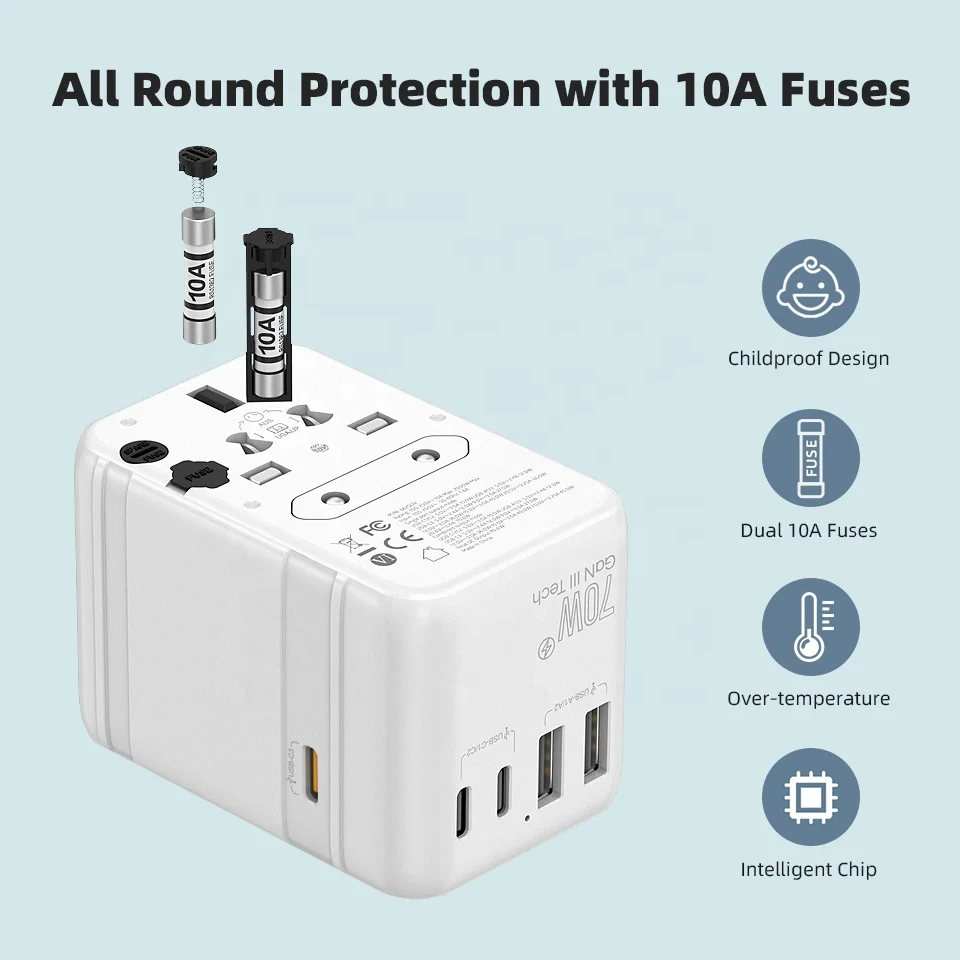 Adattatore Da Viaggio Universale Key Power &ndash; 1 Presa E 2 Porte USB, Per USA Ed Europa, Tipo C E G
