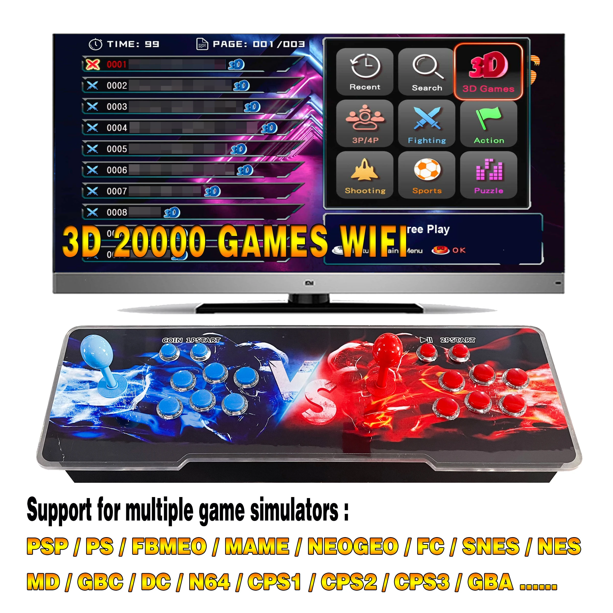 Console Pandora Box Arcade avec 28 000 jeux rétro originaux, avec LED qui changent de couleur et système de son et joysticks ovales