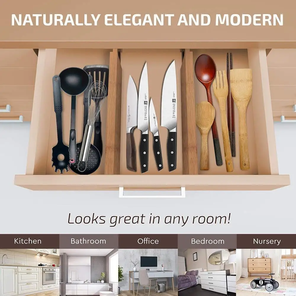 product adjustable bamboo kitchen drawer divider separators organizers expandable 4 dividers drawer organizers for kitchen custom logo-5