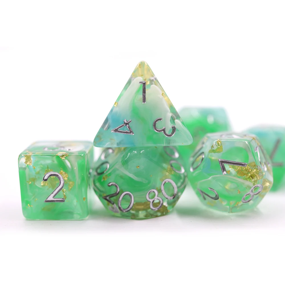 Socraíocht 7pc Sraith DND Green Swirled Résin Dís Oibhneachtaí Greamaithe Leathan D&D RPG Cluichí Meáchain