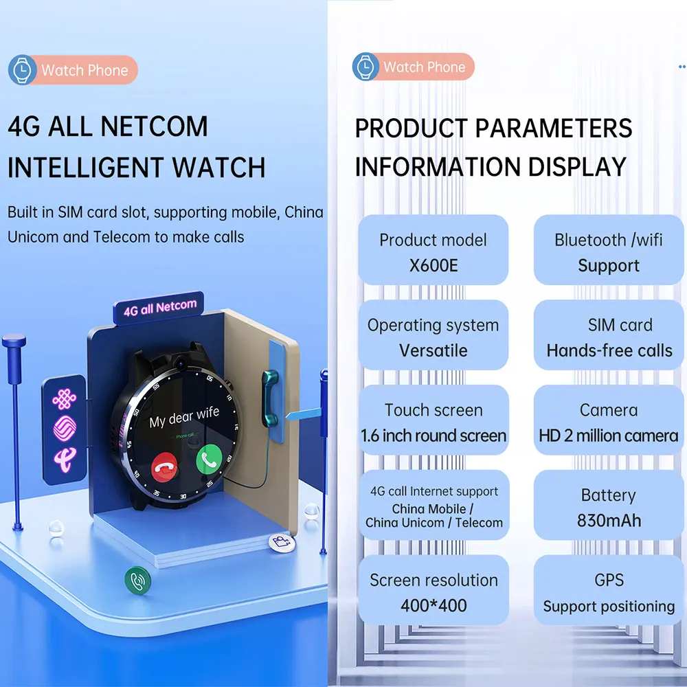 Dual Camera Design AI Face Recognition Unlock X600E 830 MAh Magnetic Charging 4g Lte Android Wear Smart Watch Phone