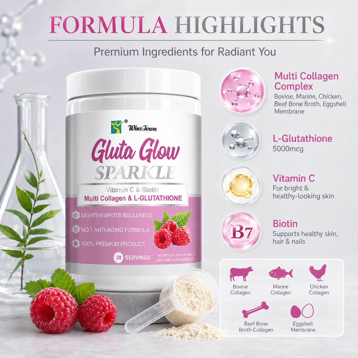 glutathione collagen complex Gluta Glow Sparkle Powder Skin-Lighting Vitamin C E Biotin & Collagen  Protein Drink Supplement