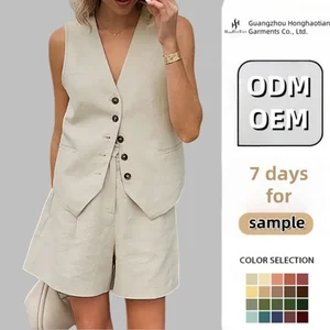 Custom Women's Summer Cotton Linen Two-Piece Set Khaki V-Neck Sleeveless Tank Top Casual Shorts Buttons Office Lady's Solid