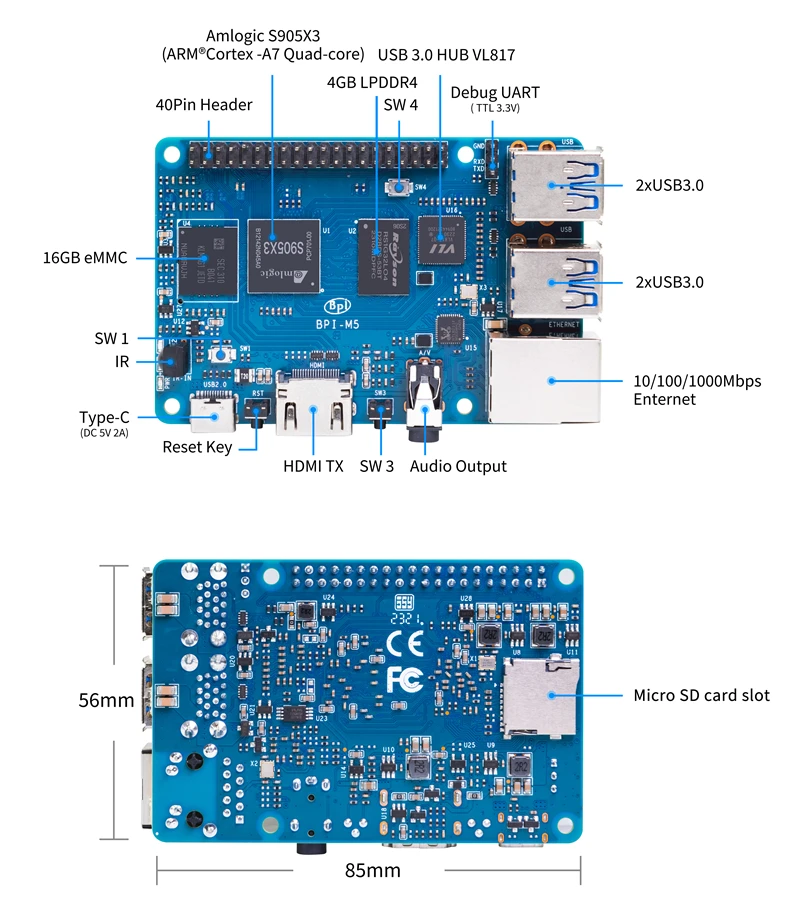 Banana Pi Bpi-m5 Amlogic S905x3 Chip 4g Ddr4 And 16g Emmc Flash 4 Usb 3 ...