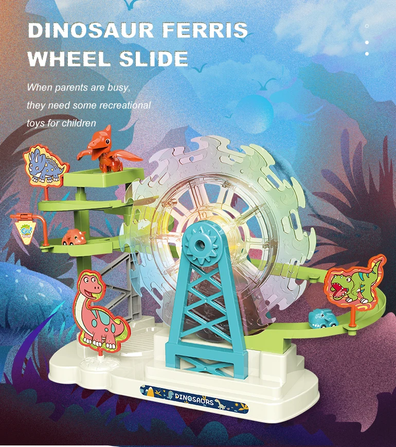 Interesting musical kids plastic dinosaur sliding track rotation electric toy ferris wheel