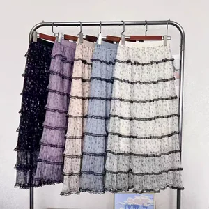 Vintage Princess Style A-Line Chiffon Half Floral Ruffled Tiered Lace Decor Natural Waistline Patchwork Summer Cake Skirt