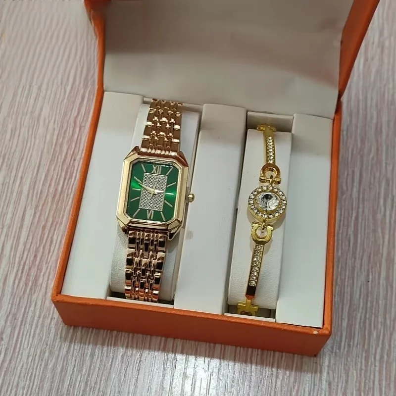 Ladies Quartz Wrist Watch and Bracelet Gift Set Stainless Steel Rectangular Roman Numeral Dial OEM Custom Logo Women Watch Set