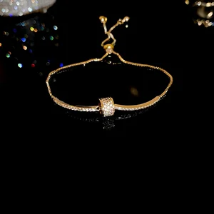 Luxury Gold Plated Adjustable Bracelet with Cubic Zirconia Charm Elegant Slider Bracelet for Women Sparkling Party Jewelry