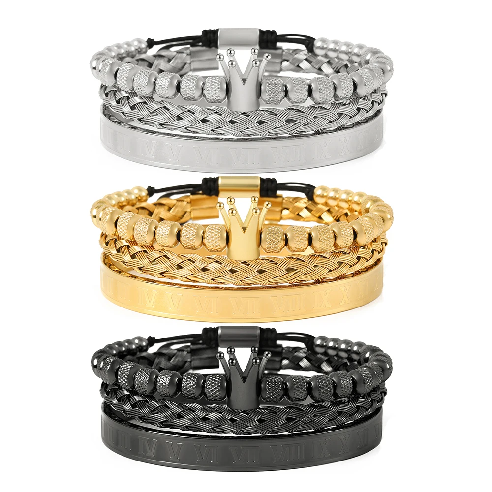 Luxury 4pcs/set Men's Gold Crown Bracelet Roman Numerals Engraved ...
