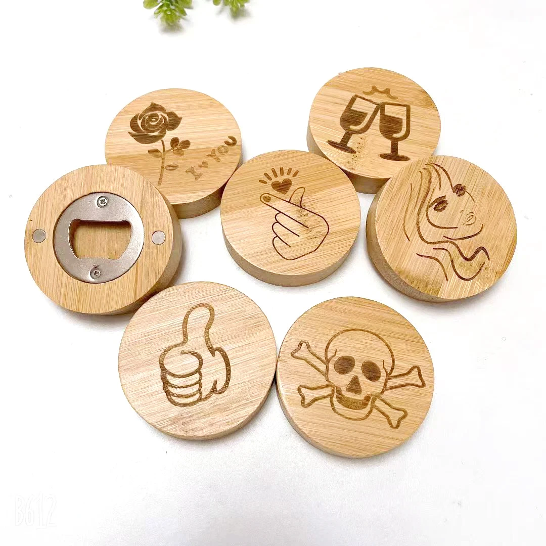 5 Pcs Fridge Magnet Round Wood Opener Decoration Beer Bottle Opener Bamboo Bottle  Openers