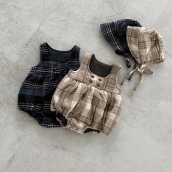 Autumn and Winter Fashion Plaid Vest Baby Rompers Suspender Korean Style Jumpsuit One-Piece Crawling Suit for Infants