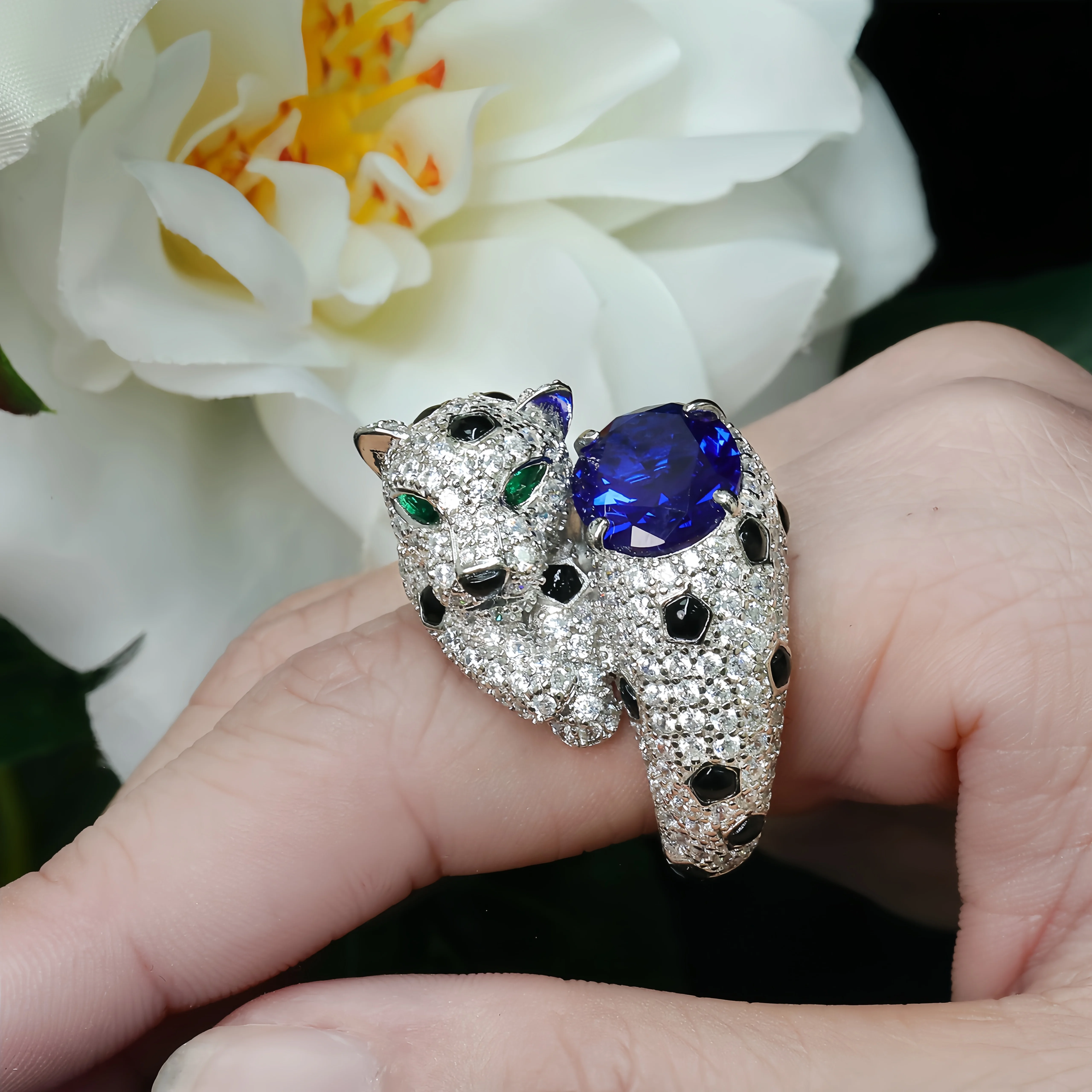 MUSHAN Jewelry Factory Women Luxury Designer Sapphire Leopard Ring 925 Sterling Silver Jewelry Blue High Carbon Diamond Rings