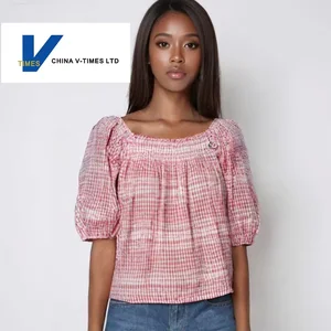 French Style Shirt  Gingham Print Puff Sleeve Bardot Top with Lace Embroidery, Elastic Smocked Blouse