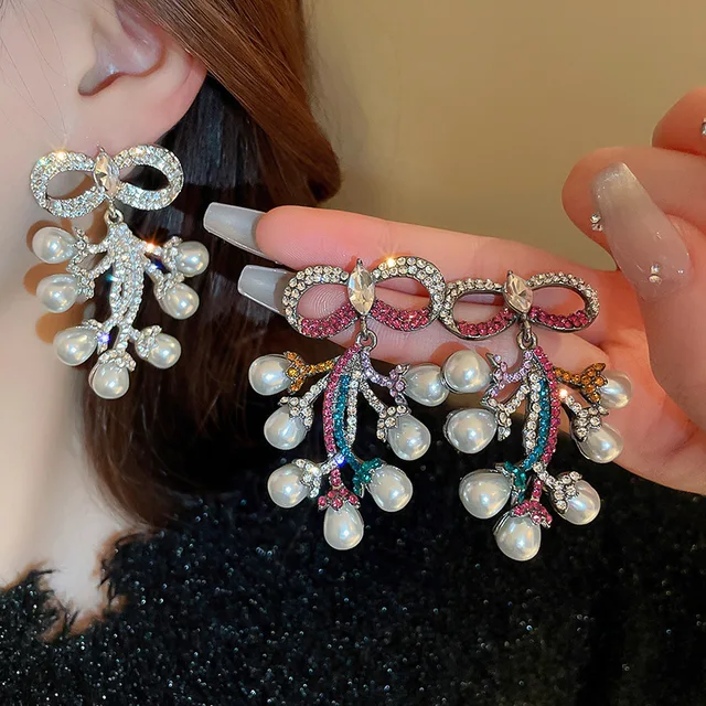 Alloy Silver Needle Diamonds Colorful Bow Knot Water Drops Pearl Exaggerated Fashion Female Wholesale Stud Earrings for Woman