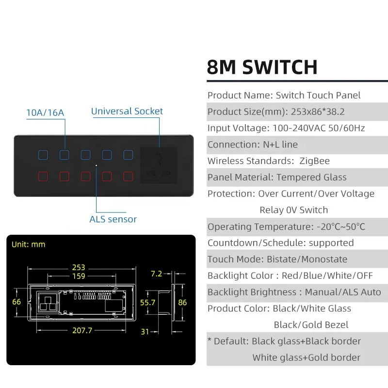 For Tuya Smart Life Zigbee Application Control Glass Touch Switch for India Standard 8M Home Multifunctional Combination 10A 240
