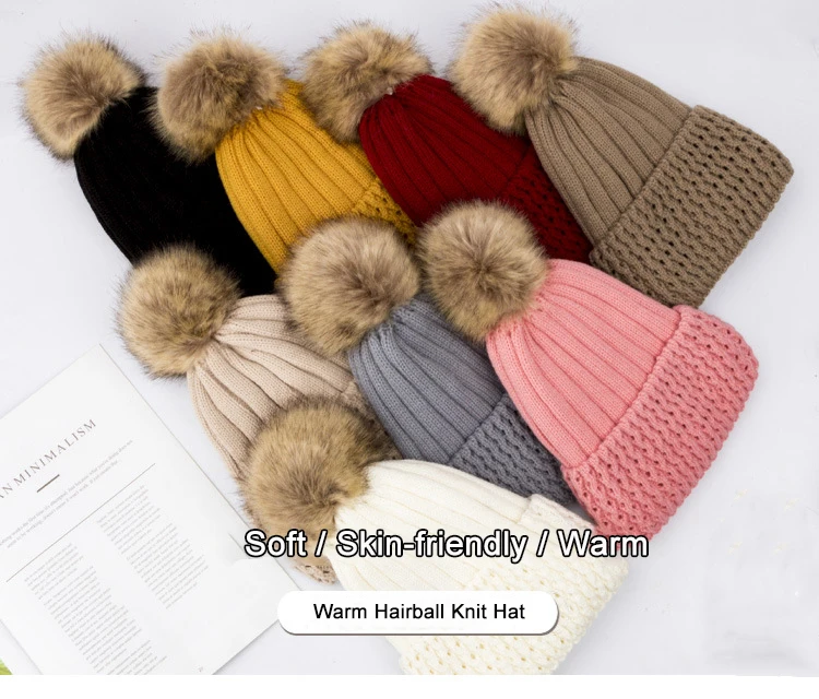 Custom Logo High Quality Acrylic Warm Winter Hats Caps with Thickened Fleece Lining Skullies Pom Pom Knitted Beanie Hat