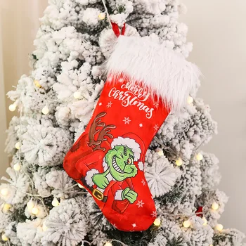 Custom 18 Inch Red Soft Polyester fabric Grinchmas Print Christmas Stockings For Adoros De Navidad Decoration